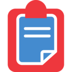 Clipboard icon with red and blue background, representing organization and efficiency.