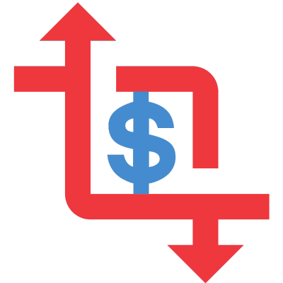 A dollar sign with arrows pointing upwards and downwards, representing fluctuating financial markets.