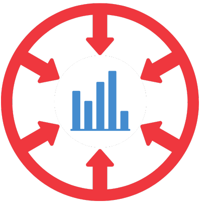 A circle with arrows pointing to a bar graph, illustrating data analysis and comparison.